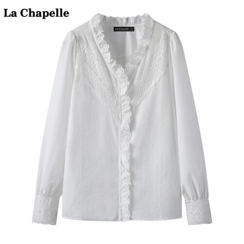 拉夏贝尔/La Chapelle法式花边V领衬衫女冬季新款宽松百搭衬衣
