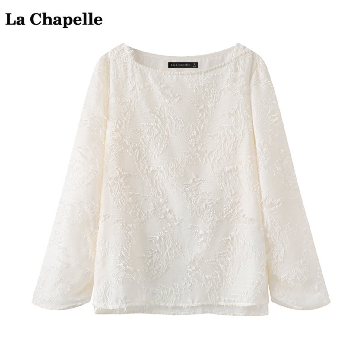 拉夏贝尔/La Chapelle甜美白色雪纺衫女春季新款一字肩长袖上衣