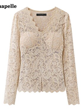拉夏贝尔/LaChapelle法式V领长袖蕾丝衫女春季新款修身打底衫上衣