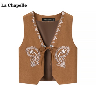 拉夏贝尔/La Chapelle复古刺绣马甲背心女秋新款宽松开衫外搭上衣