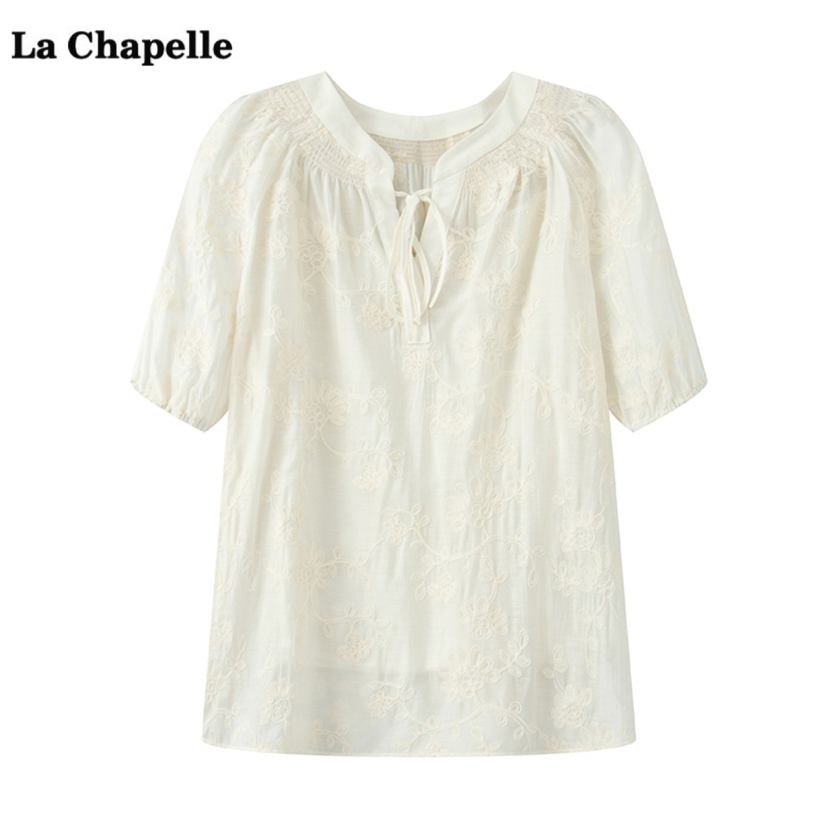 拉夏贝尔/La Chapelle复古刺绣短袖衬衫女夏季新款气质减龄上衣