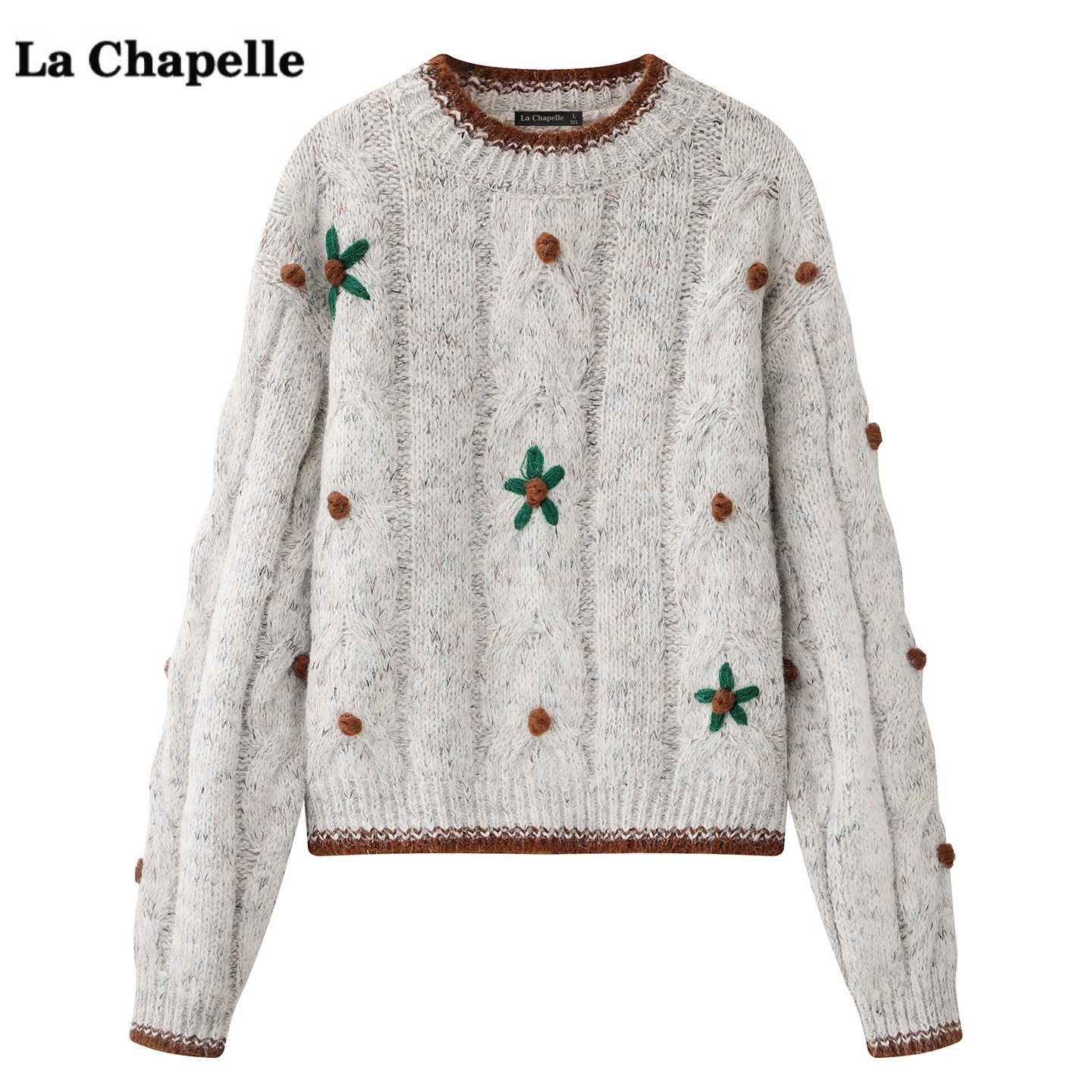拉夏贝尔/La Chapelle复古刺绣套头针织衫女冬季新款圆领毛衣上衣
