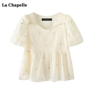 拉夏贝尔/La Chapelle方领碎花刺绣短袖衬衫女夏季法式小衫上衣