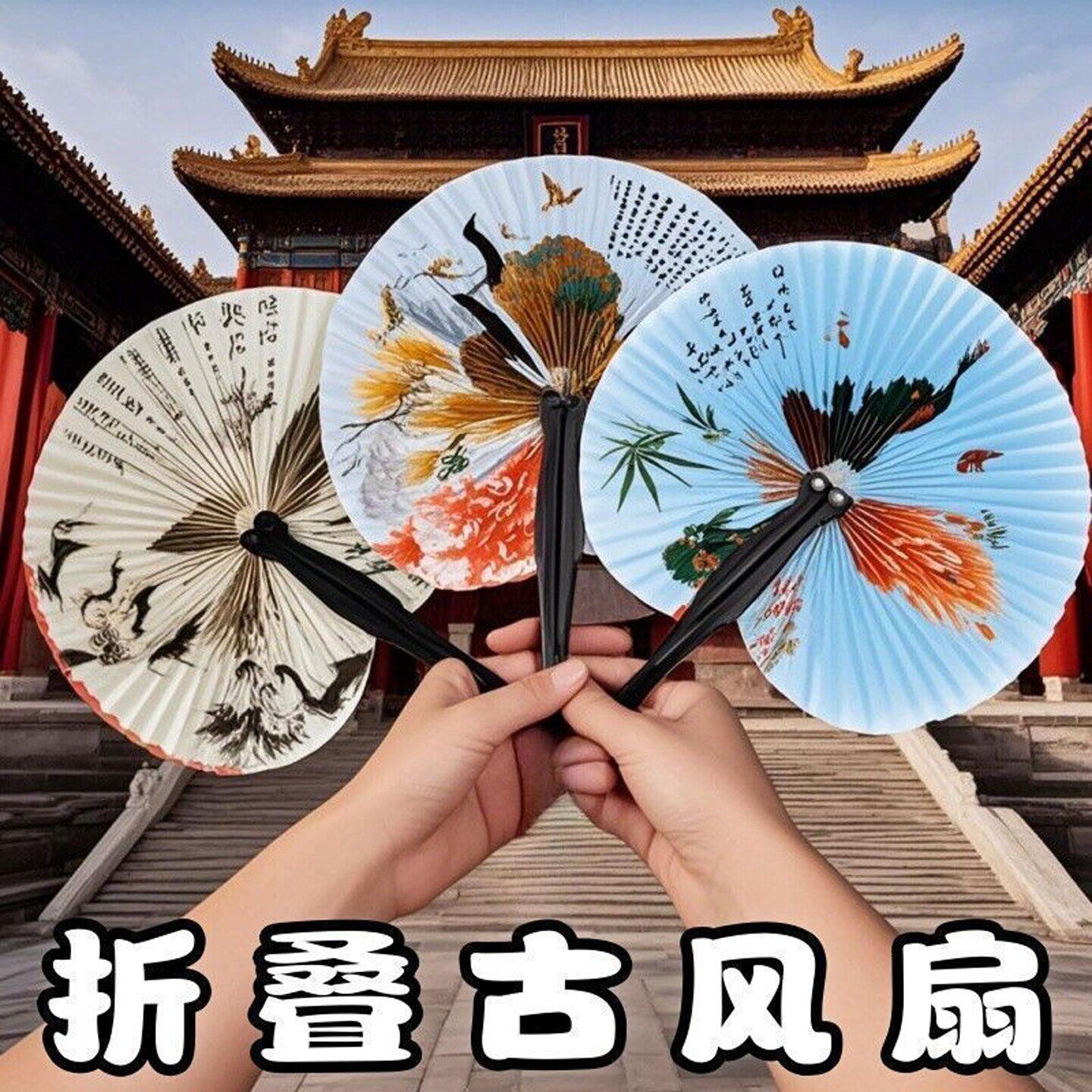 新中式古风圆形折叠纸扇拍照
