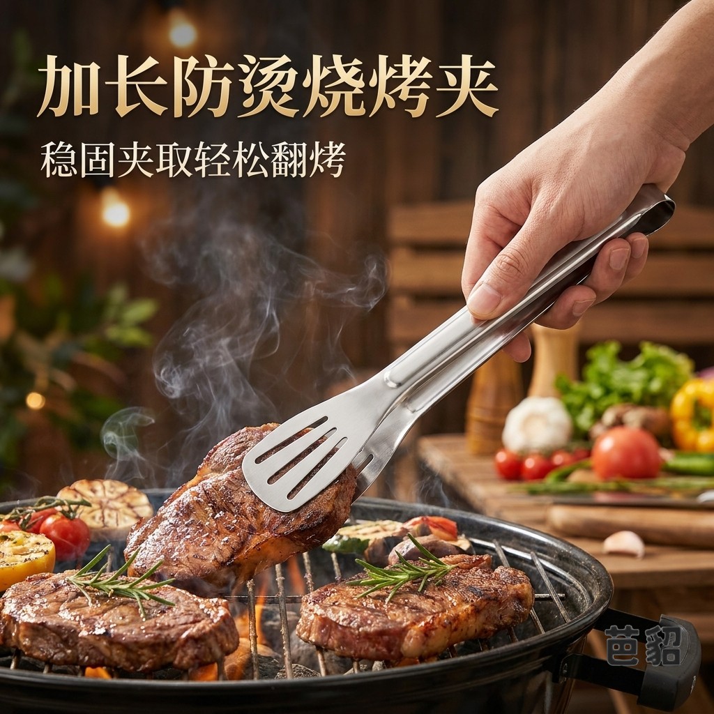 不锈钢一体抛光烧烤夹可复用
