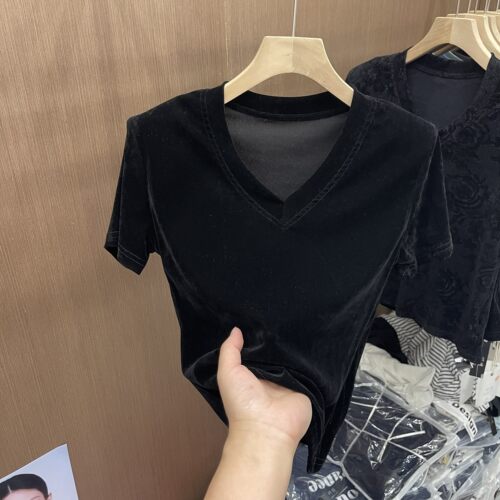 V领简约百搭丝绒垫肩短袖T恤女