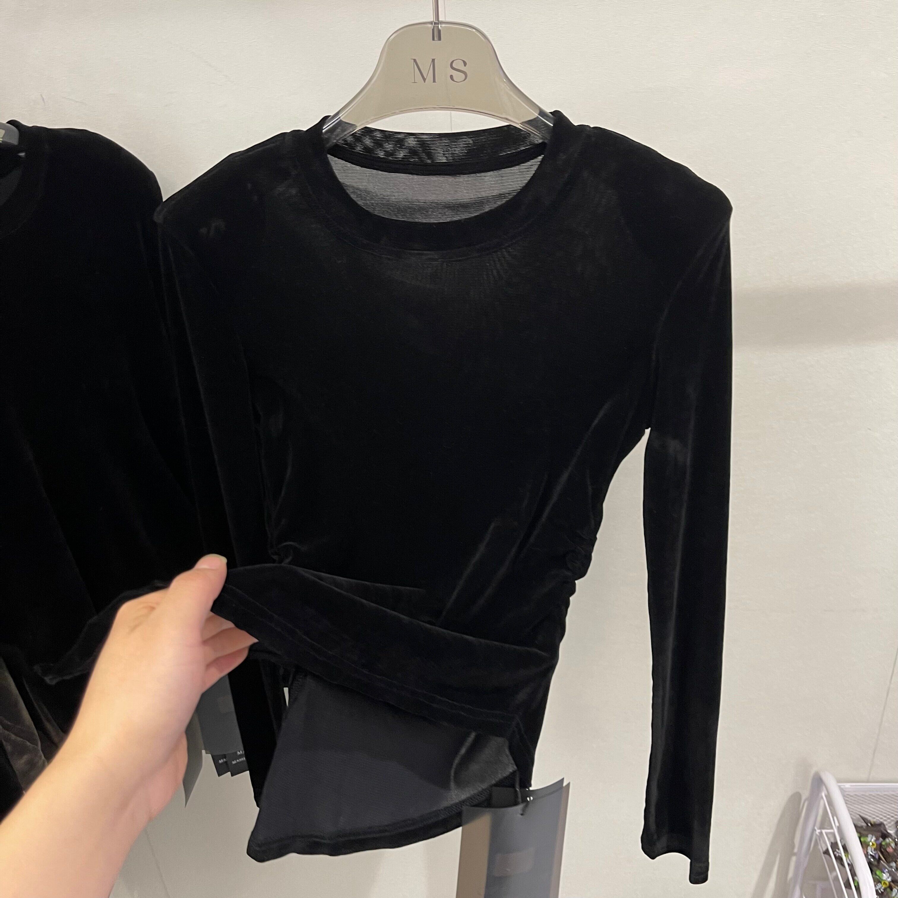 不规则下摆开叉丝绒垫肩长袖T恤女2026早春新款洋气修身褶皱上衣