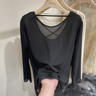 中长款露背绑带开叉雪纺衫长袖T恤女2026夏季新款宽松防晒衫上衣