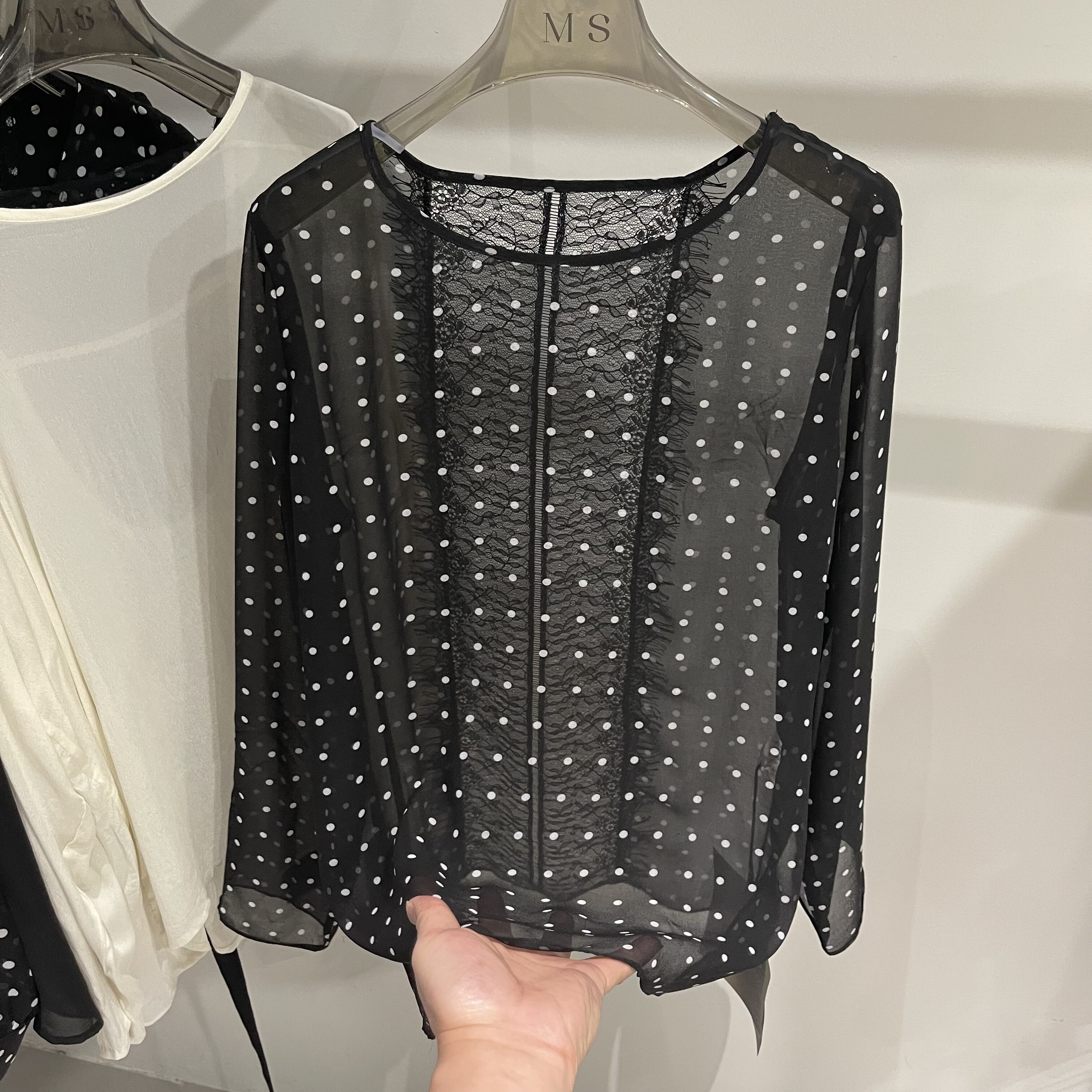 复古透视波点蕾丝拼接雪纺衫女长袖2026夏季新款休闲轻薄防晒衫潮