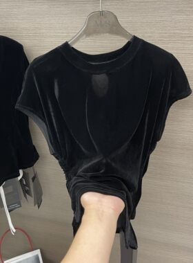 个性镂空丝绒飞飞袖开叉T恤女