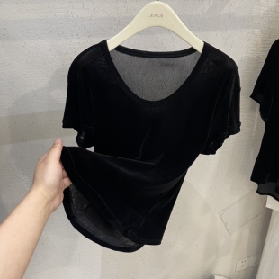 轻薄款明线领边丝绒短袖T恤女2026夏季新款修身显瘦亲肤优雅上衣