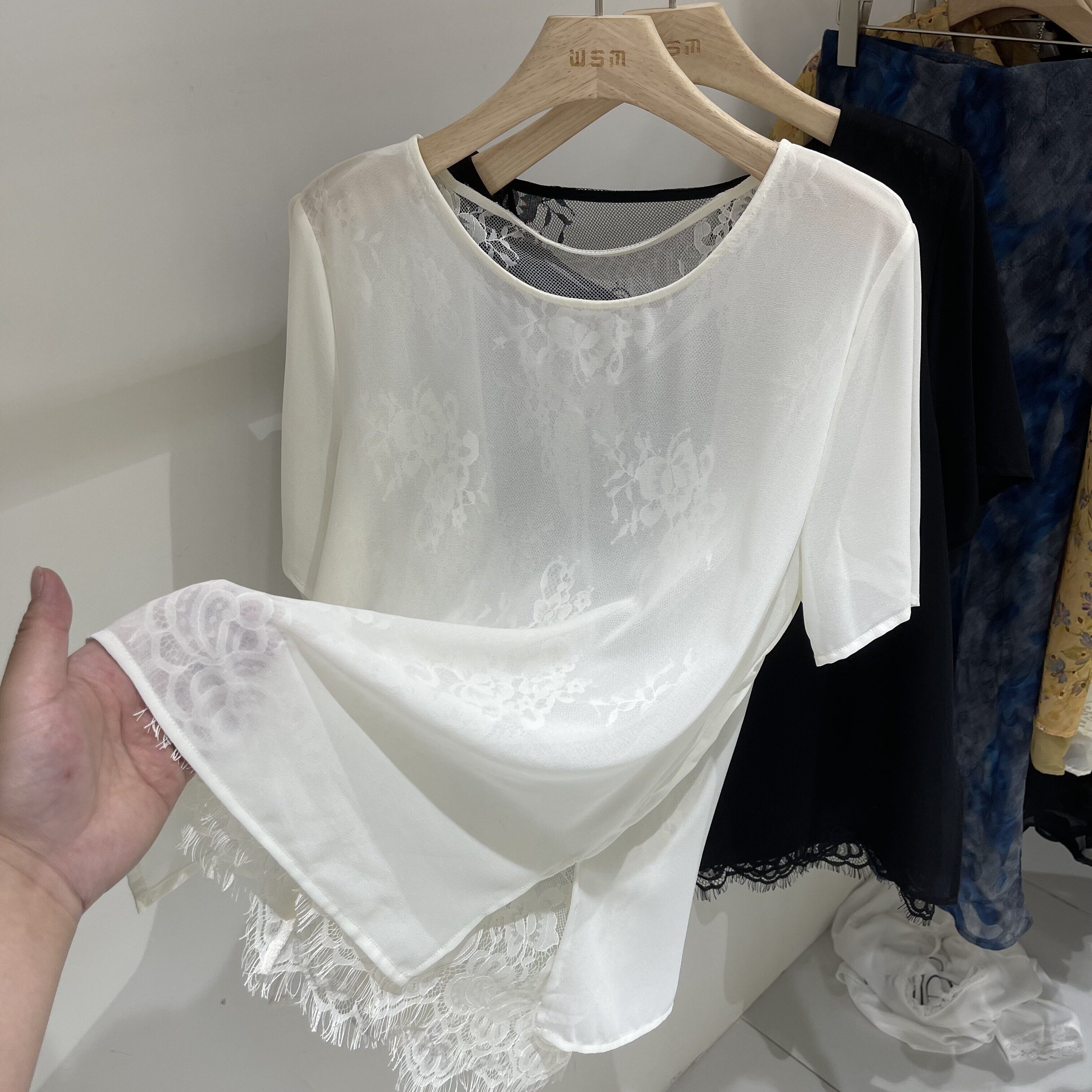 蕾丝拼接露背系带雪纺衫短袖女