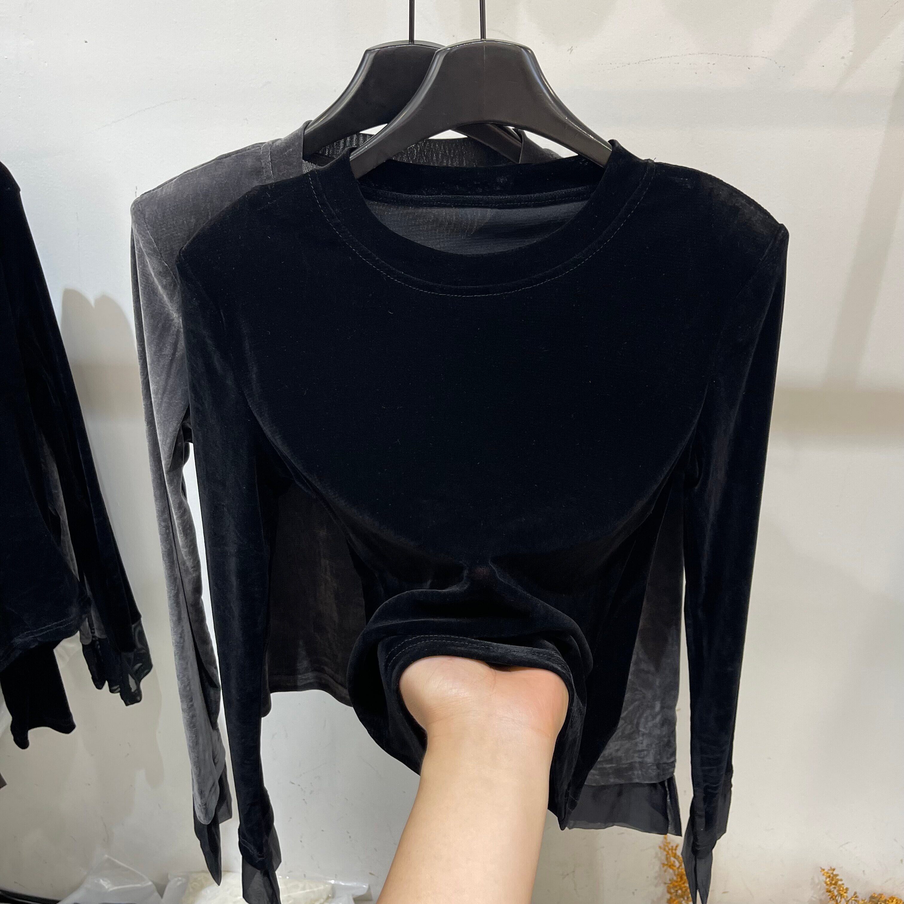 设计感圆领短款丝绒拼接长袖T恤女2026早春新款百搭别致显瘦上衣