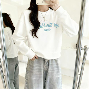 全棉短款卫衣无帽女士春秋新款宽松显瘦时尚绝美长袖套头短上衣