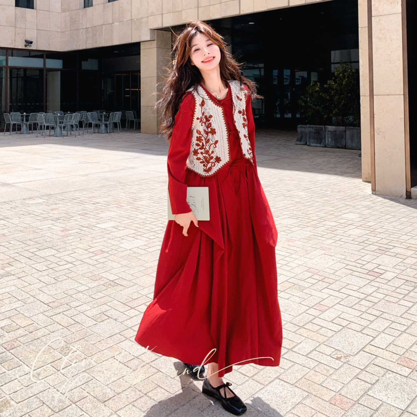 【档口】高品质钩花马甲+红色气质连衣裙C155-825-P175控258,女装套装/套裙,2C155