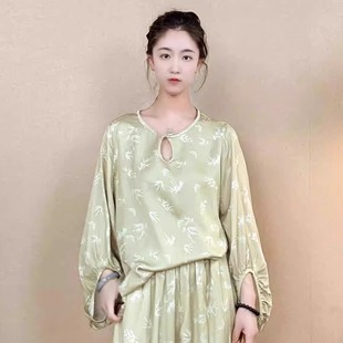 衣羊羊棉綢印花七分袖 休閑百搭上衣顯瘦復(fù)古文藝大碼 T恤寬松大碼