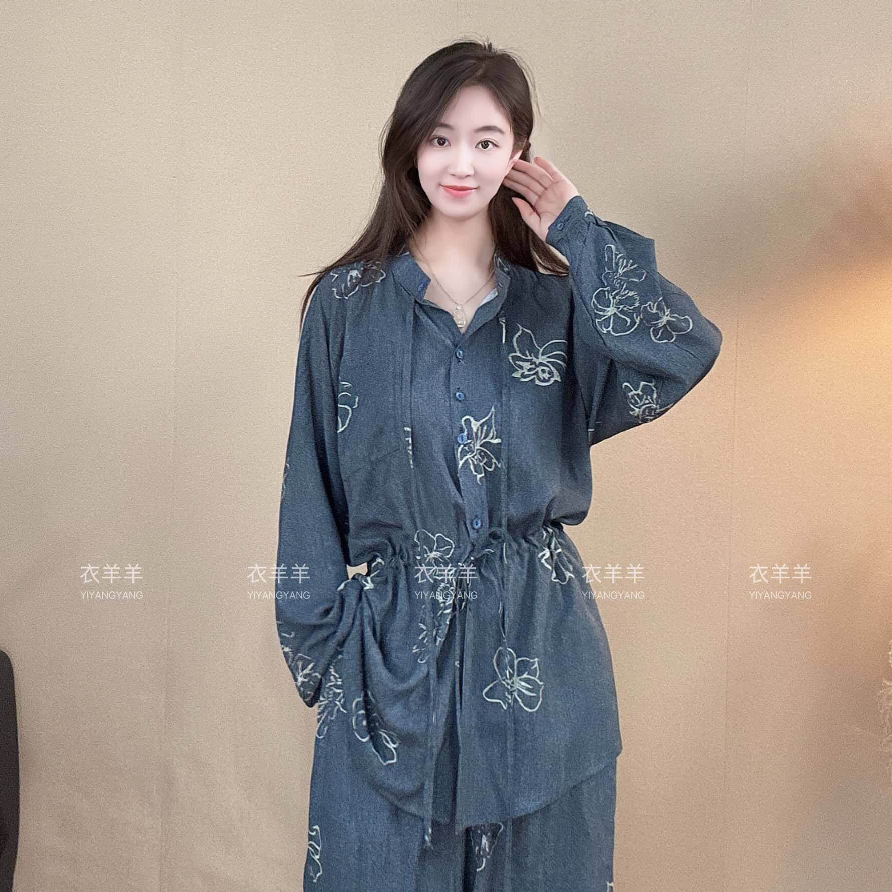 夏季棉绸禅意新中式印花上衣大码宽松女衬衫显瘦气质衬衣收腰贡缎