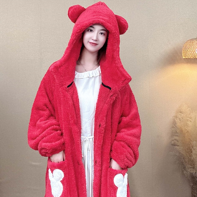 【清仓草莓色】秋冬新款加绒甜美舒棉绒加厚保暖睡衣家居服长袍大