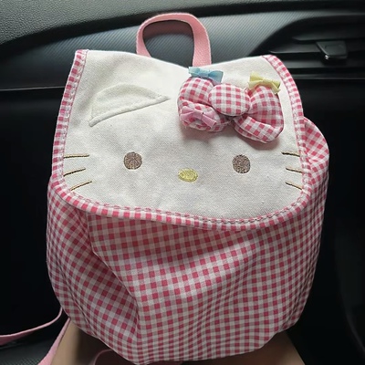 日系中古hellokitty粉格子书包可爱甜美kt猫刺绣双肩包背包小书包