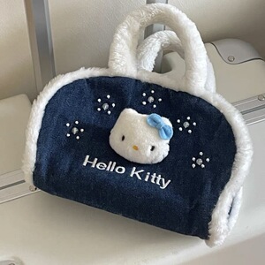 中古Hellokitty复古牛仔刺绣毛绒手提包2023秋冬新款腋下包法棍包