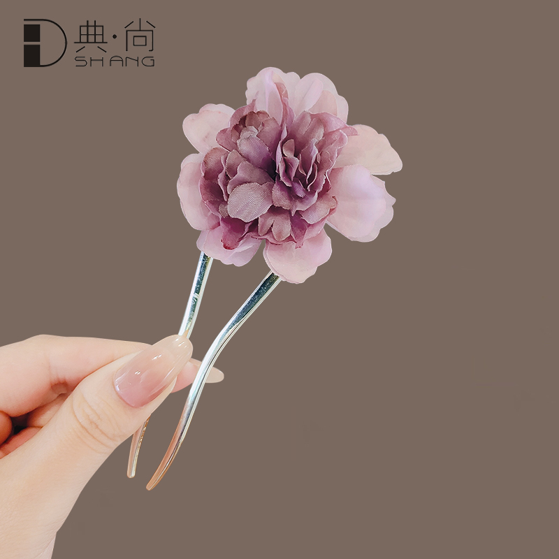 古风高级感仿真花朵U型发簪女