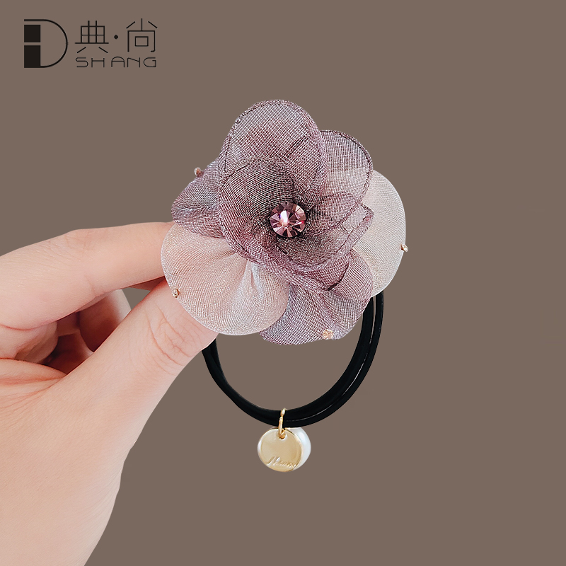 韩式绢纱花朵发圈皮筋高颜值夏季2024新款珍珠扎头发绳多圈高弹力