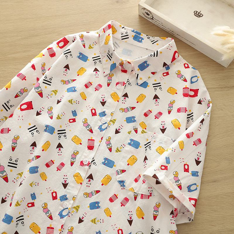 夏季新款上衣小清新减龄卡通印花短袖纯棉宽松学生衬衫洋气女百搭