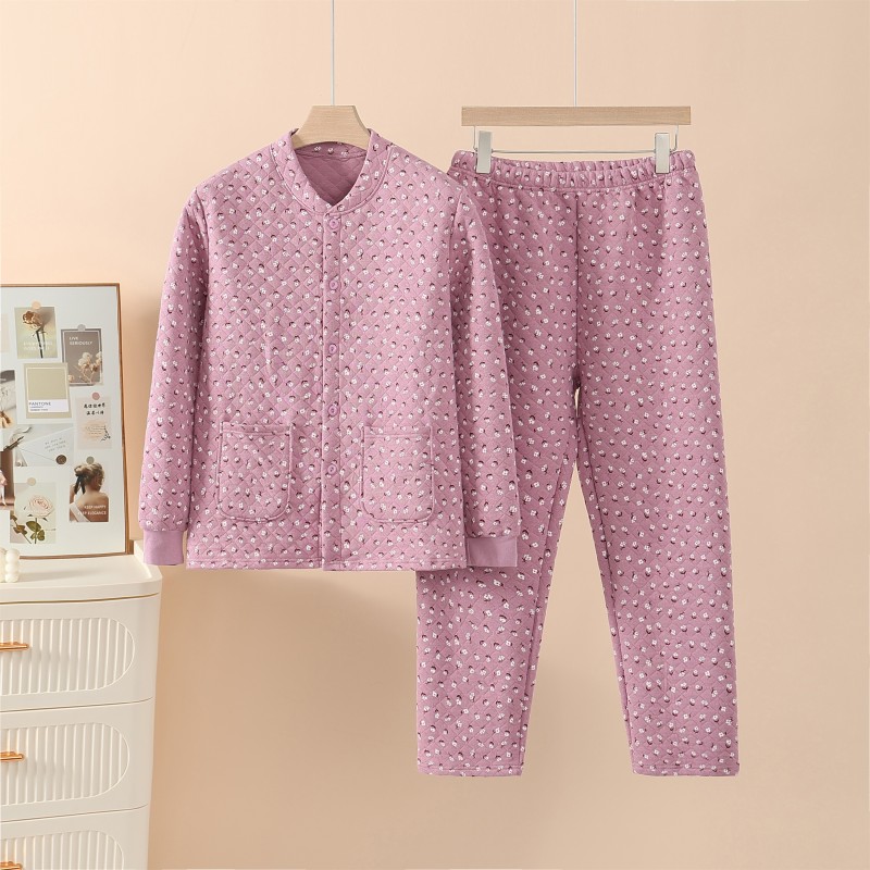 中老年保暖内衣纯棉三层夹棉睡衣