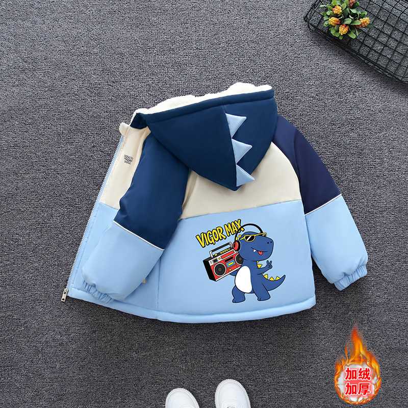 秋冬款男童加绒加厚外套恐龙连帽棉服中小童卡通印花夹克保暖上衣
