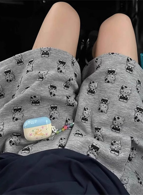 灰色Kitty猫休闲运动短裤女夏季薄款宽松高腰抽绳阔腿五分裤外穿