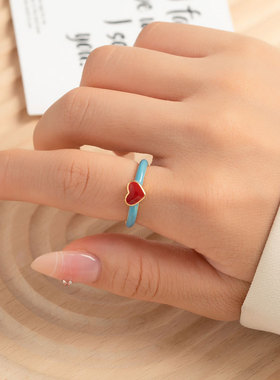 甜美时尚滴油珐琅红色爱心开口戒指小众高级感独特食指戒爆款戒圈