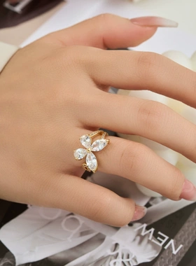 爆闪高级感蝴蝶开口戒指时尚轻奢微镶锆石指环新款可调节女食指戒