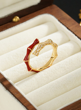 红色镶钻竹节戒指可调节食指开口