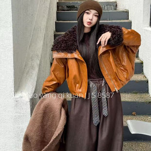 复古毛领PU皮衣外套女短款机车夹克加厚保暖小众皮毛一体加绒加厚