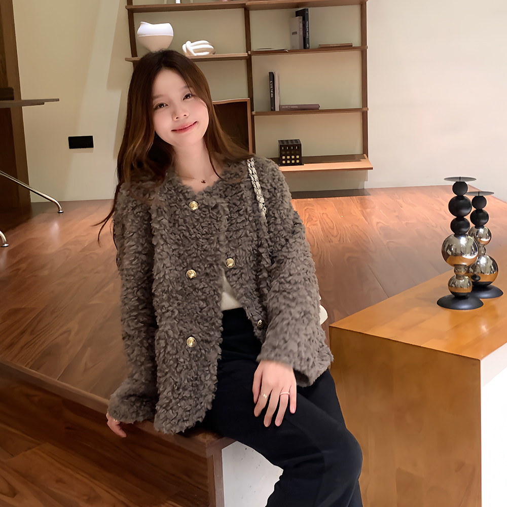 李乔惠高端皮草100%澳洲羊毛外套皮毛一体双排扣短款大衣李乔慧