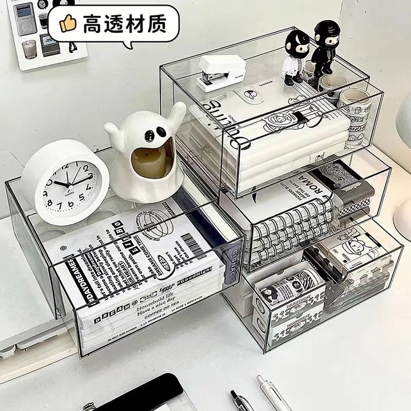 包邮桌面收纳盒抽屉式透明亚克力盒子书桌文具整理大容量多功能