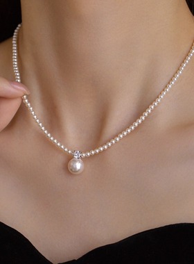 s925纯银施家珍珠项链女轻奢高级感正圆戴妃款吊坠锁骨链气质饰品