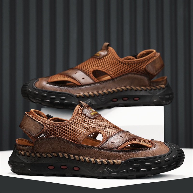 真皮牛皮夏季男士凉鞋罗马户外网面防撞手工开车豆豆鞋青年沙滩鞋