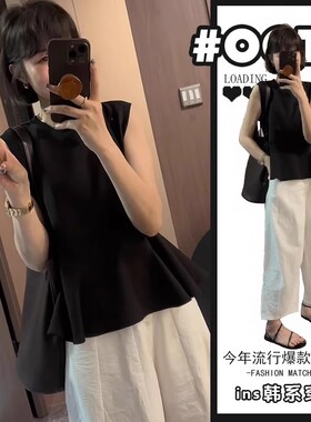 进口黑色无袖衬衫女夏季2025新款爆款气质减龄修身超好看时尚休闲