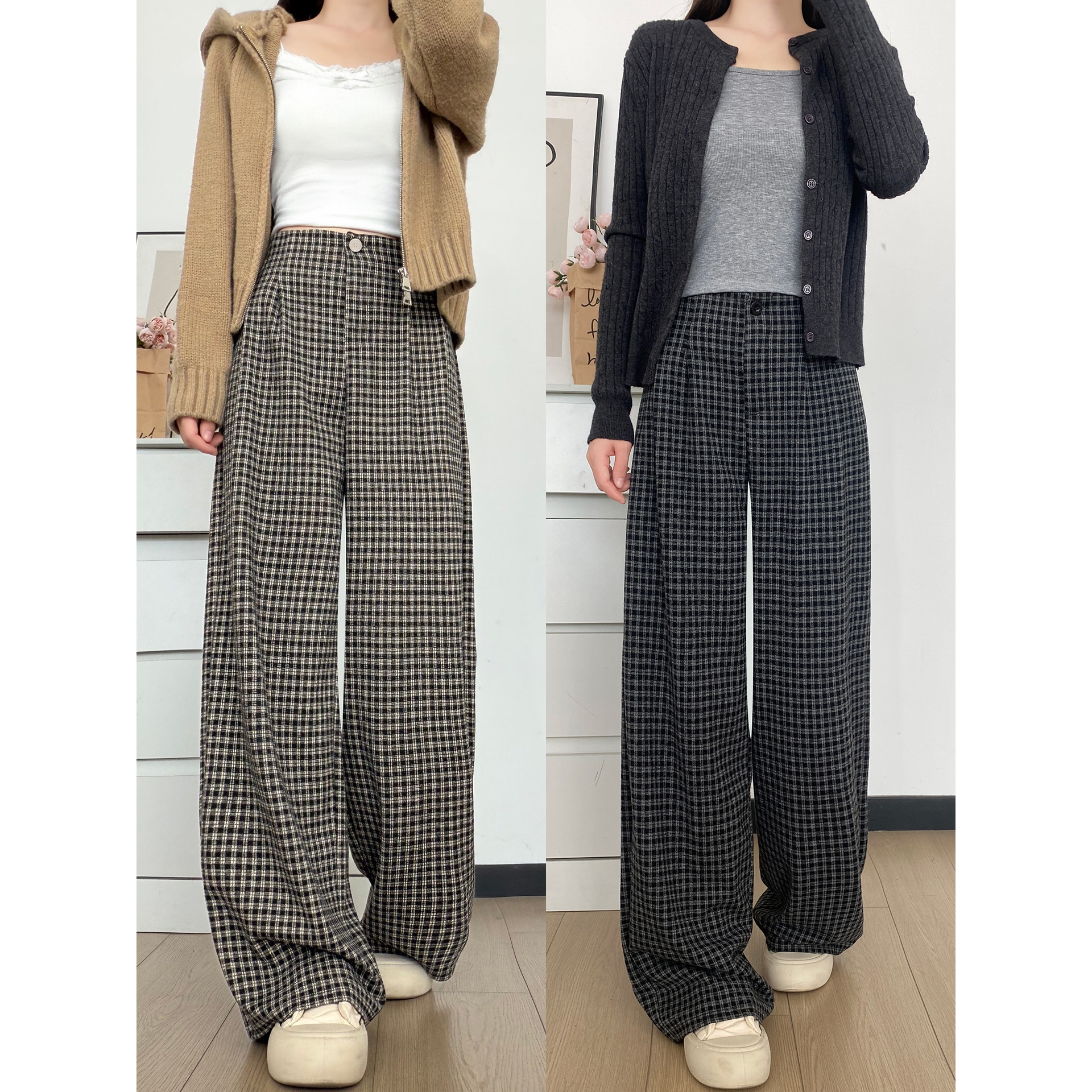 德国进口格子裤子女2025新款黑白秋季慵懒高腰休闲显瘦小个子直筒