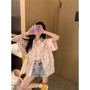 胖东来优选甜美印花短袖 宽松显瘦少女感百搭小众防晒上 衬衫 女夏季