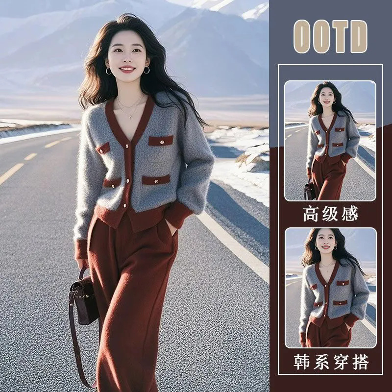 德国进口秋冬高级松弛感慵懒风穿搭灰色休闲针织毛衣红色裤子女士