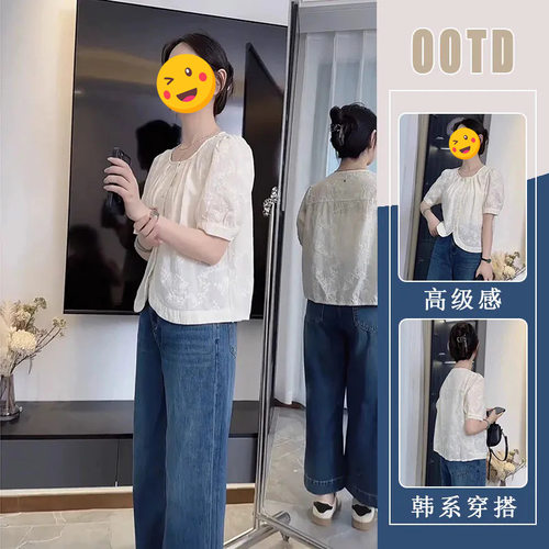 胖东来法式短袖微胖mm洋气别致圆领上衣女2025年夏装新款显瘦牛仔
