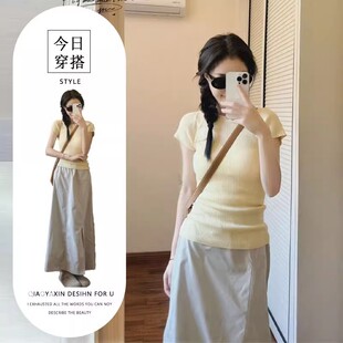 进口单件/2025夏季新款韩版修身黄色短袖上衣复古A字开叉工装裙装