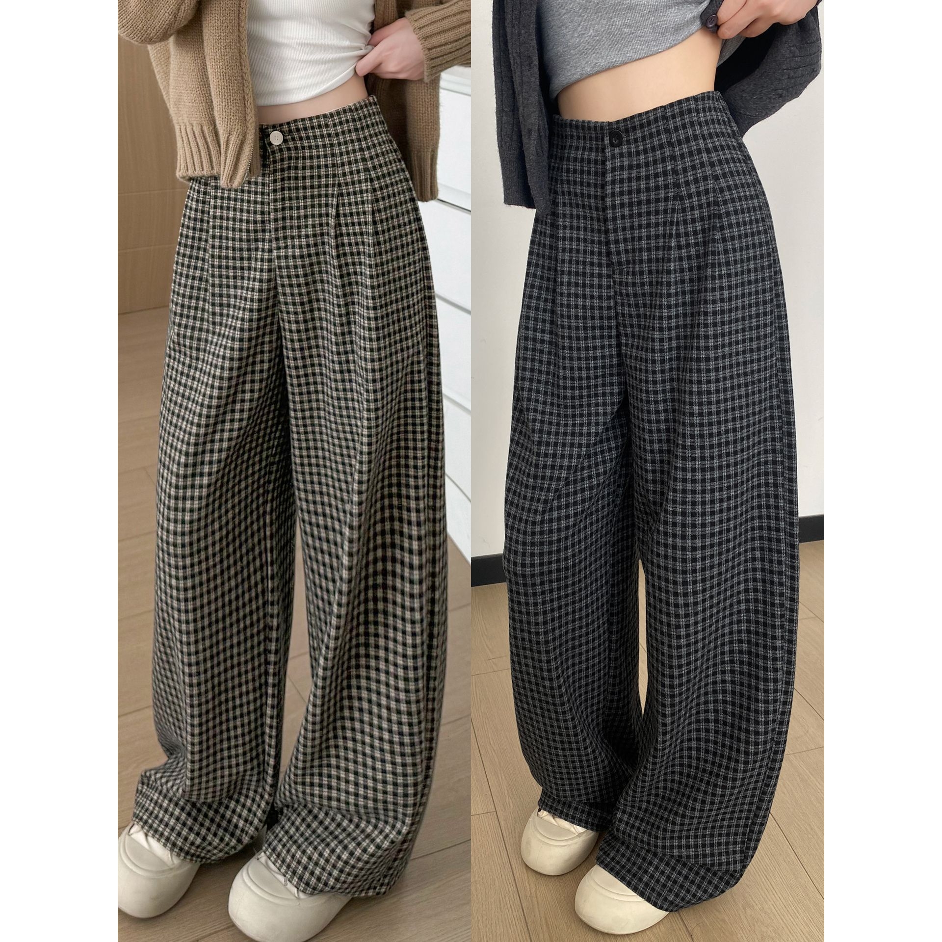 德国进口格子裤子女2025新款秋季高腰显瘦宽松bf慵懒风直筒休闲窄