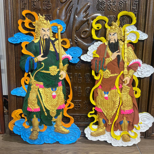 东阳木雕入户门神像挂画秦叔宝尉迟恭彩色摆件镂空中式木质装饰画