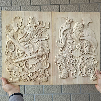 东阳木雕中式高端实木复古方形入户门头仿古门神画浮雕刻木质挂件