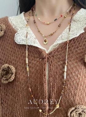 新款串珠项链天然石叠戴毛衣链