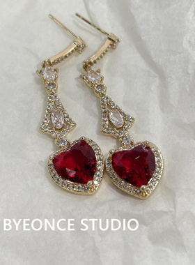 红色水晶复古红宝石爱心耳坠耳环高级感新年过年桃心耳饰EH001