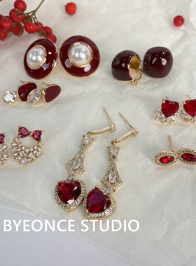 新年红色耳钉S925银针勃艮第红色滴油高级耳钉耳饰气质耳环EH001